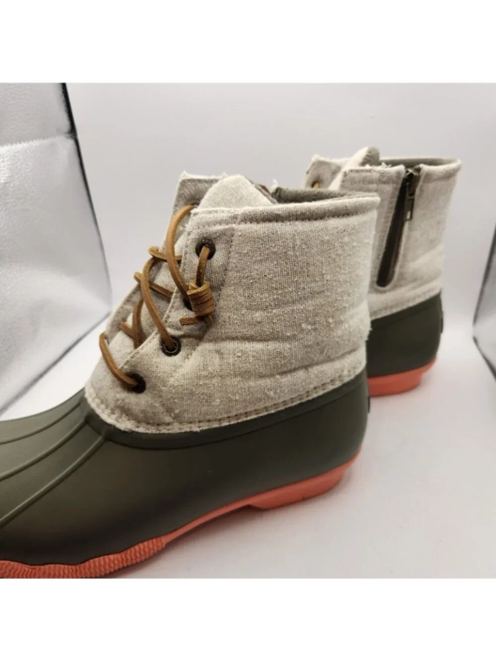 Sperry Topsider Saltwater Duck Boot Winter Shoe Rain Gray & Olive Green Side Zip